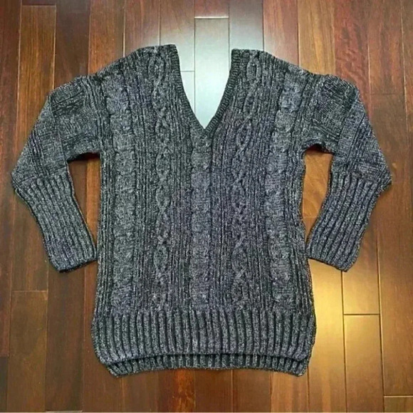 Topshop Oversized Sweater Cable Knit V Neck Tunic Black Silver Metallic Small 4 - Picture 13 of 15